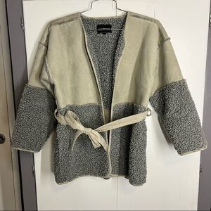 Lucky Brand Mixed Sherpa Faux Suede Boho Jacket Beige Gray Size Small